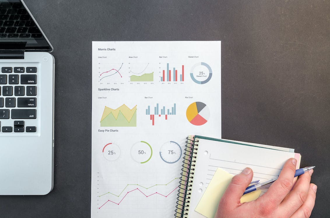 statistical analysis sheets and a notepad